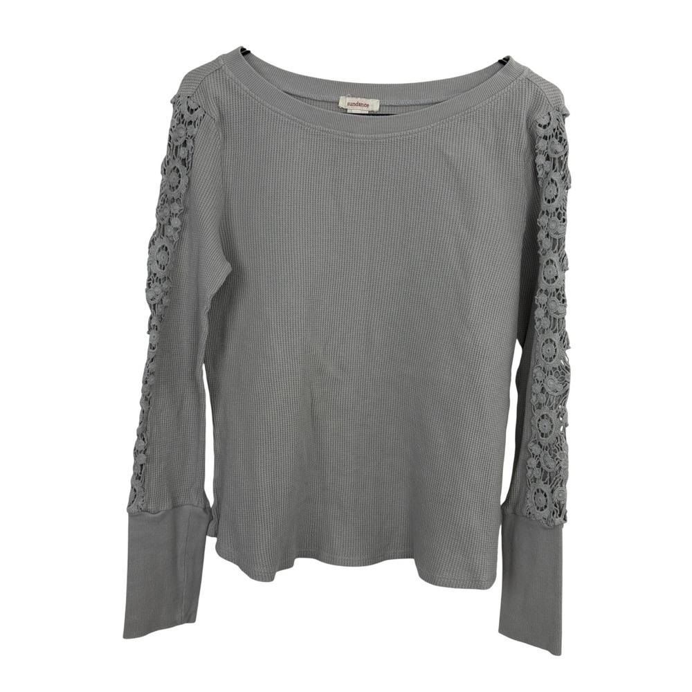 Sundance Top Womens Small Gray Crochet Lace Sleeve Waffle Knit Cotton Thermal